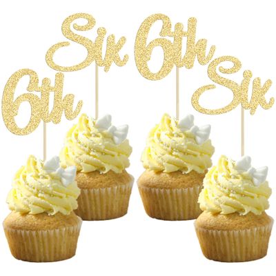 Gyufise 24Pcs 6th Birthday Cupcake Toppers Glitter Cheer to 6 Years Old Sixth Birthday Six Cupcake Picks for Baby Shower 6th Birthday Party Cake Decorations Supplies Gold