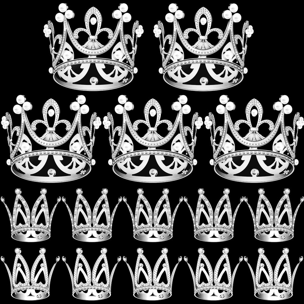 15Pcs Crown Cake Topper, Silver Mini Crowns, Small Crystal Pearl Cupcake Toppers for Flower Arrangements Cupcake Baby Shower Birthday Party Wedding Decor