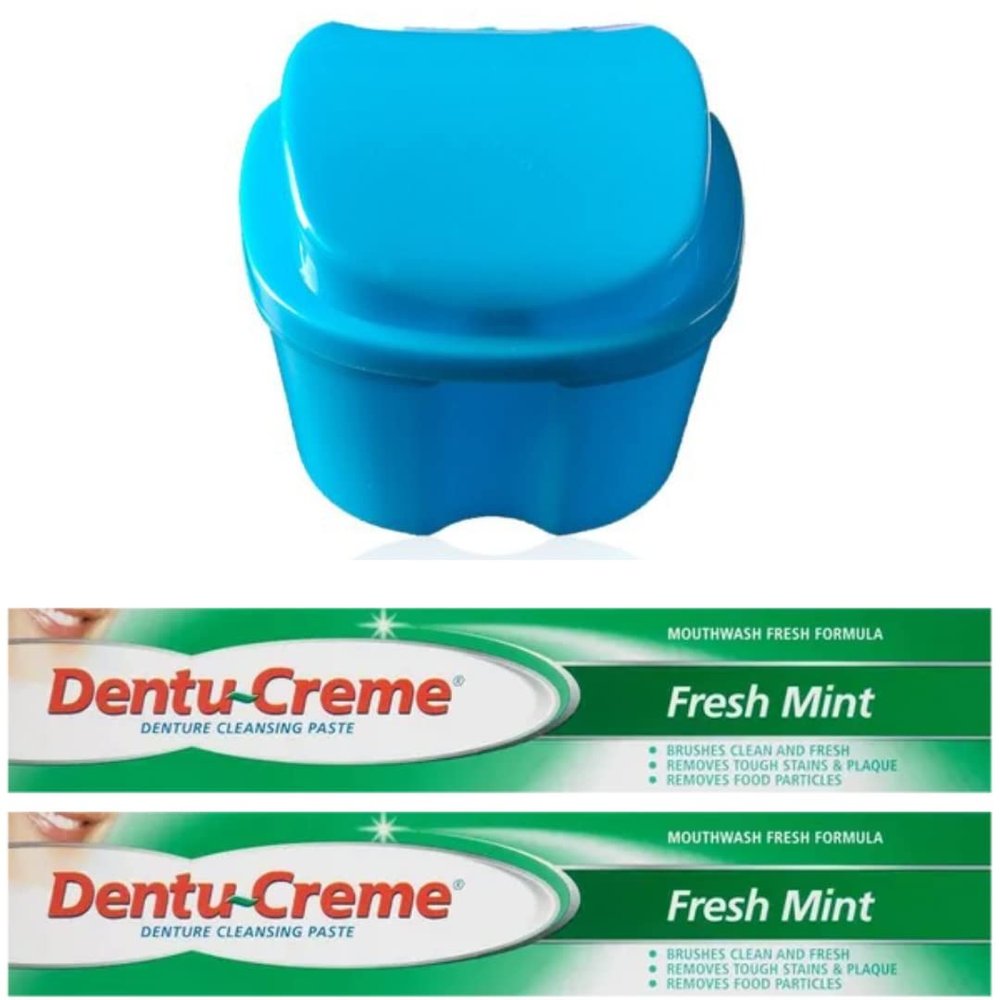 Denture Bath - Total Denture Care - with 2 x 75ml Denture Cream Cleansing pastes to freshen and Clean dentures