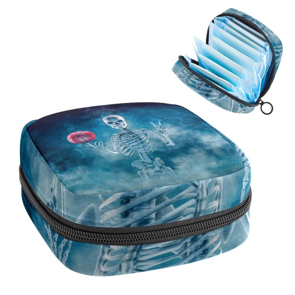 Storage Bag for Sanitary Napkin Pads, Menstrual Cup Pouch, Period Bag Organizer for Feminine Pads Tampons, Scary Skeleton Spining Basketball