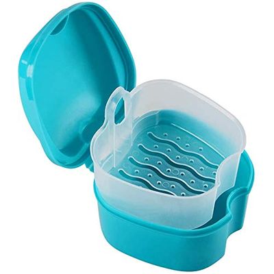 Rfeeuubft Blue Denture Case, Denture Cup with Strainer, Denture Bath Box Teeth Storage Box with Basket Net Container Holder for Travel