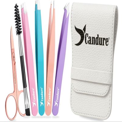 Candure Tweezers for Eyebrows - Professional Stainless Steel Slanted and Pointed Tip Hair Tweezers Set for Ingrown Hair, Blackhead Removal, Eyebrows Plucking Beauty Tool for Women (Multicolor-6pc)