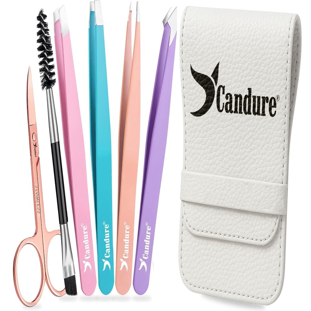 Candure Tweezers for Eyebrows - Professional Stainless Steel Slanted and Pointed Tip Hair Tweezers Set for Ingrown Hair, Blackhead Removal, Eyebrows Plucking Beauty Tool for Women (Multicolor-6pc)
