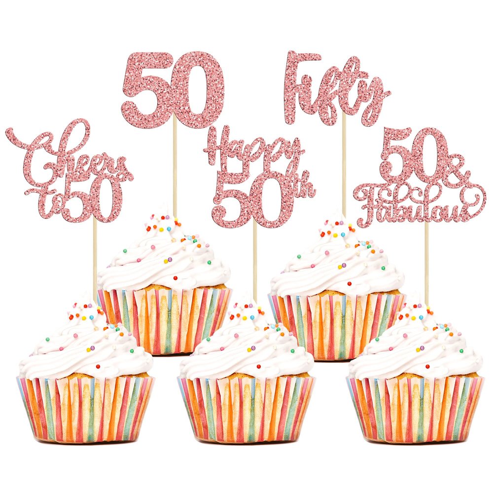 30 Pack Happy 50th Birthday Cupcake Toppers Rose Gold Glitter Fifty Cheers to 50 Years Old Birthday Cupcake Picks for 50th Birthday Anniversary Party Cake Decorations Supplies