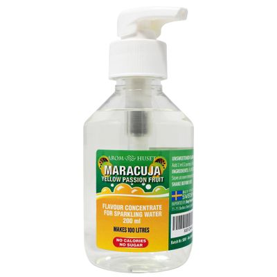 Aromhuset Maracuja Sparkling Water Flavouring Drops 200ml - With Pump Bottle - Makes 100 Litres with 1-500 - Zero Sugar & No Calories - Just Add 2 Pumps to 1 Litre Sparkling Water