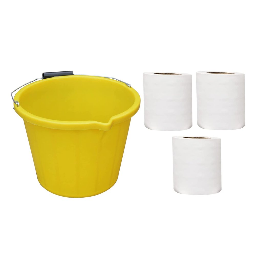   14L Yellow Plastic Bucket & 3 Rolls 2 Ply White Toilet Tissue Roll Soft Absorbent Fragrance Free Loo Tissue Roll | Water Storage Strong Bucket With Measuring Guide, Handle & Spout.