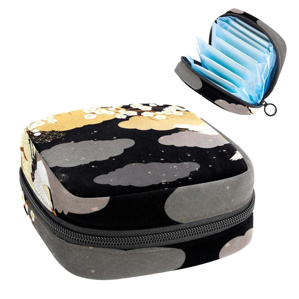 Sanitary Napkin Storage Bag, Period Kit Bag for School, Menstrual Cup Pouch, Sanitary Napkin Pads Organiser Bag, Flying Cranes and Orchids