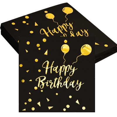 40pcs Happy Birthday Napkins - Black & Gold Foil Party Napkins for Women & Men