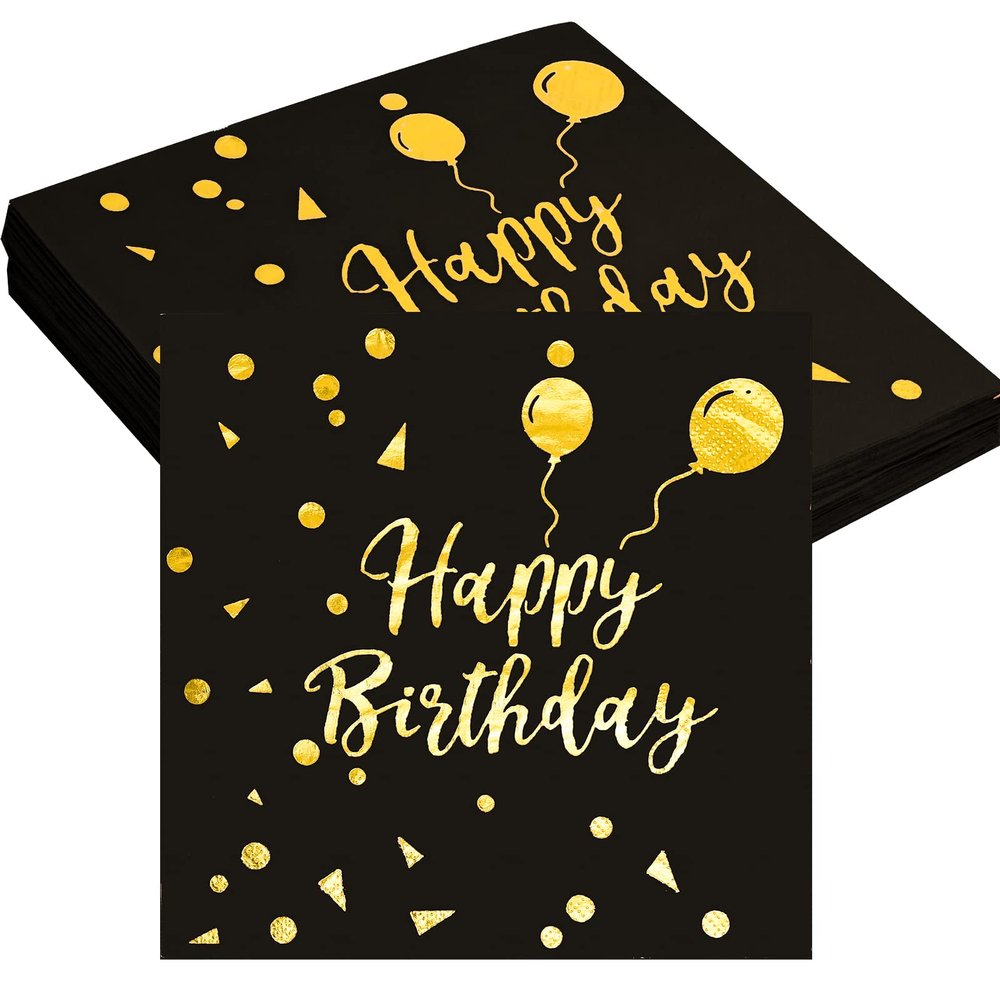 40pcs Happy Birthday Napkins - Black & Gold Foil Party Napkins for Women & Men