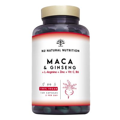 Maca Root + Ginseng + L Arginine. Triple Energy. Zinc + Vitamin C & B. Increases Sports Performance. Reduces Tiredness and Fatigue. Antioxidant. 120 Capsules. CE, Vegan. N2 Natural Nutrition