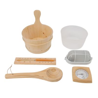 TITA-DONG 6Pcs Sauna Accessories Kit, Sauna Wooden Bucket with Plastic Liner, Sand Timer, Thermometer, Water Scoop, Lamp, Bucket Plastic Basin, Essential Spa Accessory for Steam Room