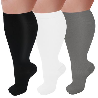 3 Pairs Plus Size Compression Socks for Women and Men Wide Calf 20-30mmhg Extra Large Knee High Support for Circulation, 04-Black/White/Gray, XXXL