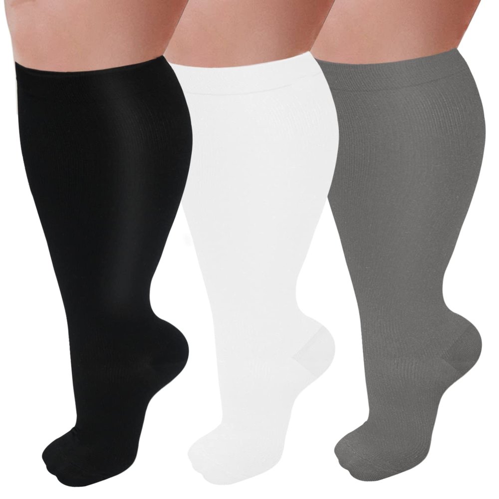 3 Pairs Plus Size Compression Socks for Women and Men Wide Calf 20-30mmhg Extra Large Knee High Support for Circulation, 04-Black/White/Gray, XXXL