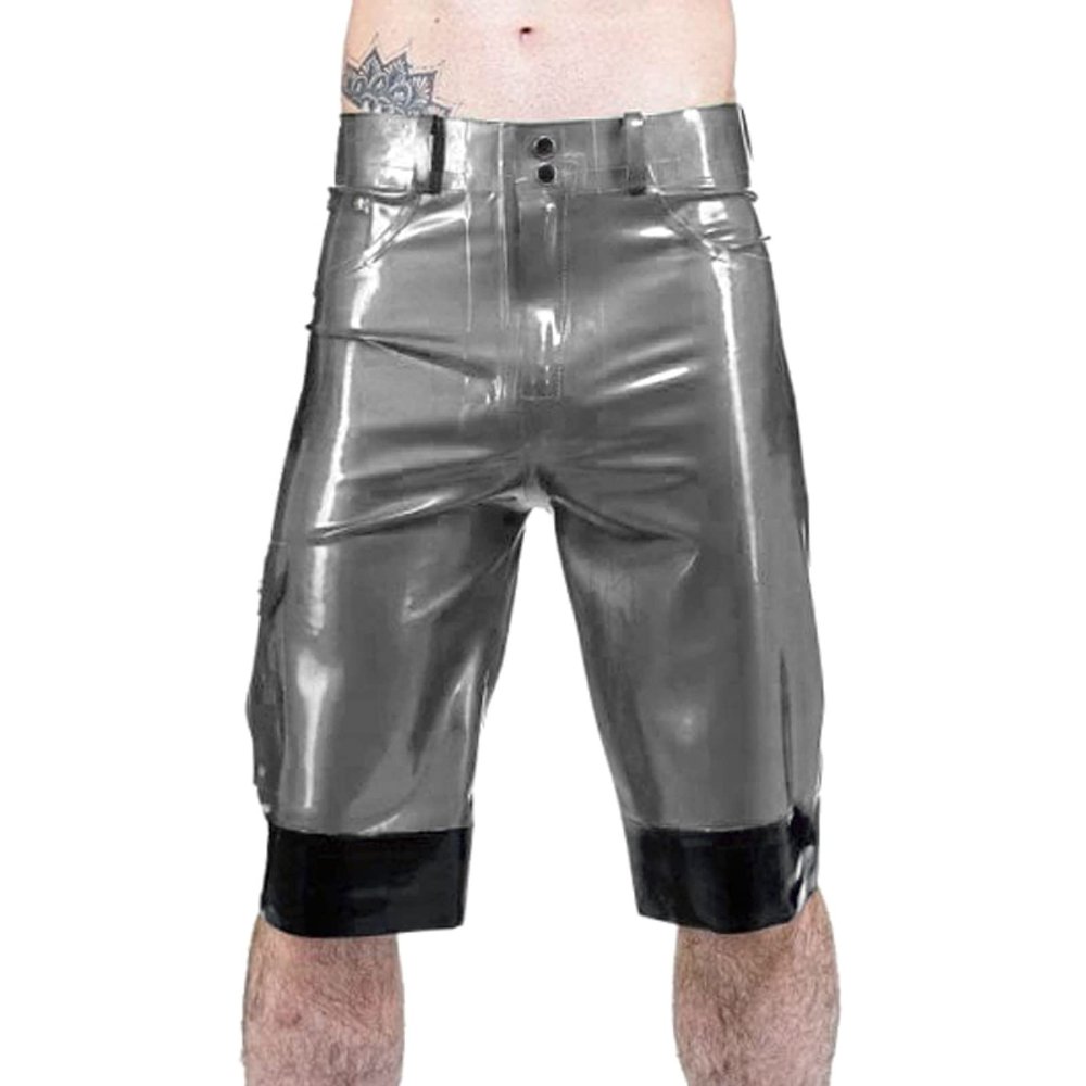 Silver and Black Sexy Long Leg Latex Boxer Shorts with Pockets Trims Rubber Cargo Pants Underpants,Yellow with Black,Female XL
