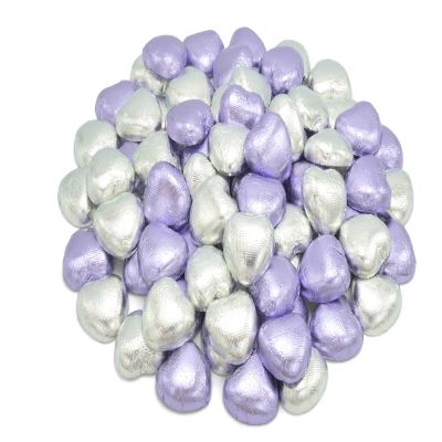 Wyeland Confectionery Silver and Lilac Luxury Milk Chocolate Hearts Foil-Wrapped - Pack of 20 - For Wedding Favours and Mothers Day
