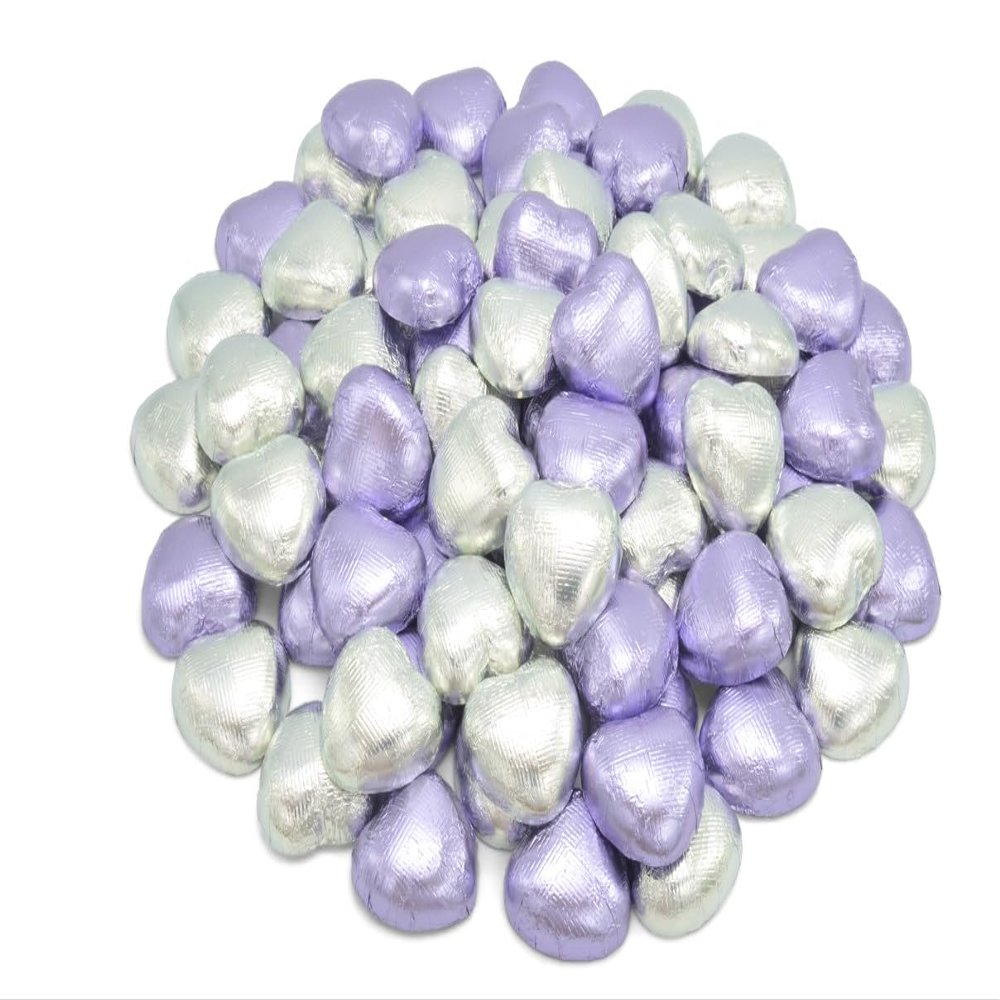 Wyeland Confectionery Silver and Lilac Luxury Milk Chocolate Hearts Foil-Wrapped - Pack of 20 - For Wedding Favours and Mothers Day