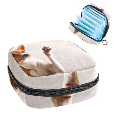Storage Bag for Sanitary Napkin Pads, Menstrual Cup Pouch, Period Bag Organizer for Feminine Pads Tampons, Basenji Dog Giving High Five