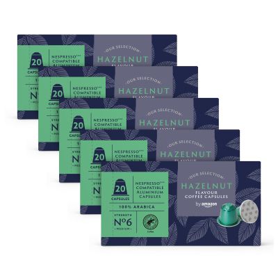 by Amazon Hazelnut Coffee Nespresso Compatible Aluminium Capsules, 100 Count (5 Packs x 20) - Rainforest Alliance Certified