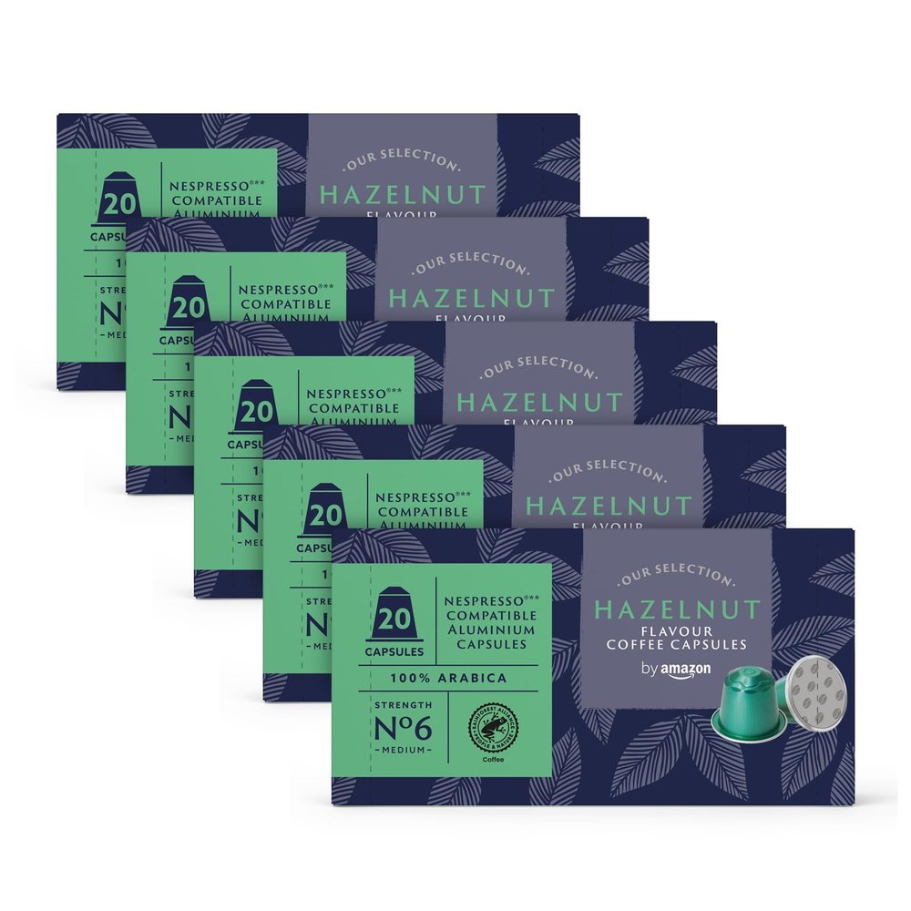 by Amazon Hazelnut Coffee Nespresso Compatible Aluminium Capsules, 100 Count (5 Packs x 20) - Rainforest Alliance Certified