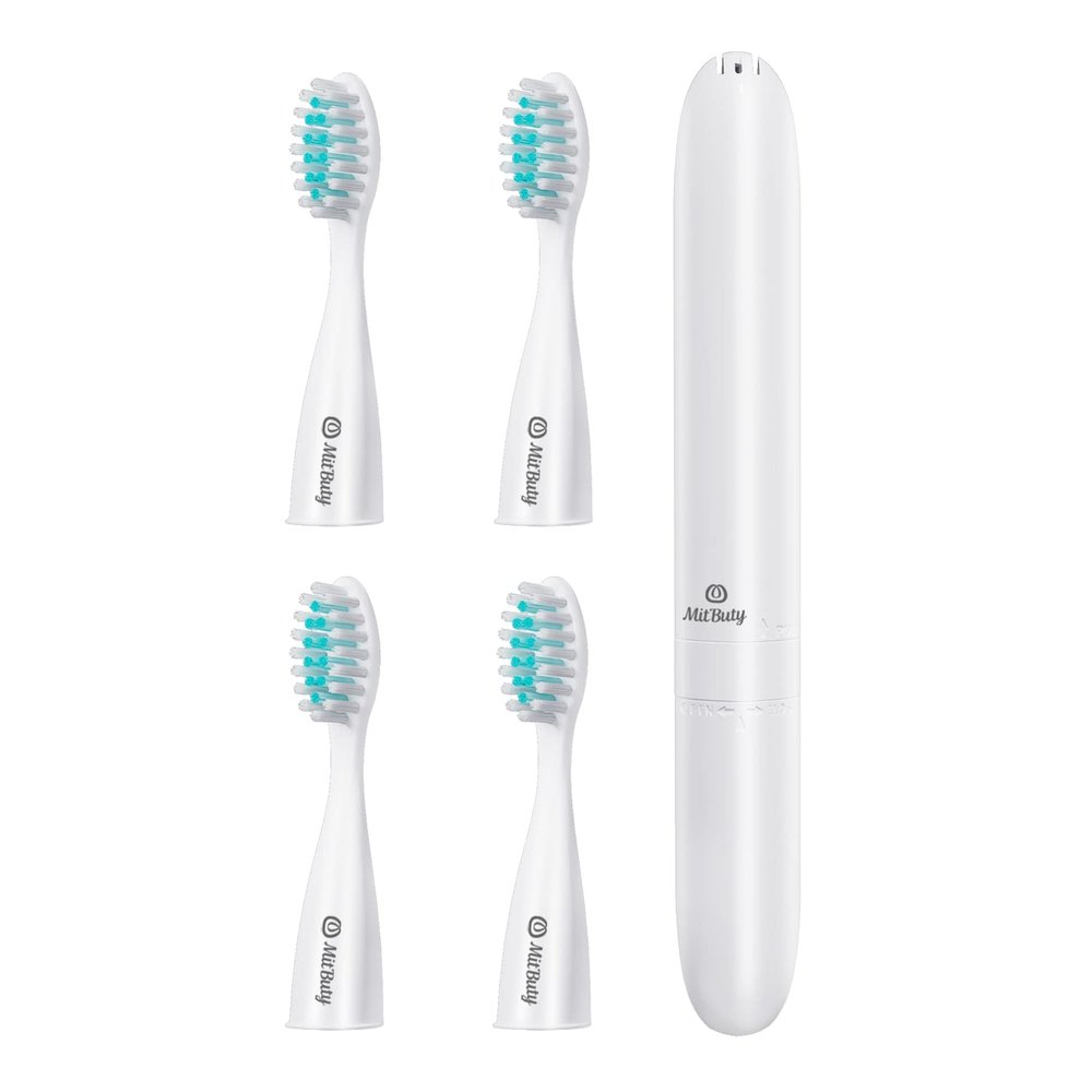 MitButy Travel Electric Toothbrush with 4 Brush Heads, Battery Operated Waterproof Portable Sonic Electric Toothbrush Set - with Snap-on Travel Case Ideal for Travelling/Business/Holiday/Gym/Office