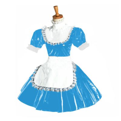 PVC White Apron Short Sleeve Lace Trimming Maid Dress Leather Dress,Lake Blue,6XL