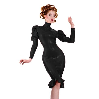 High Neck Shiny PVC Dress Back Zip Sleeves and Bottom Faux Latex Dress Party Dress,Black,S