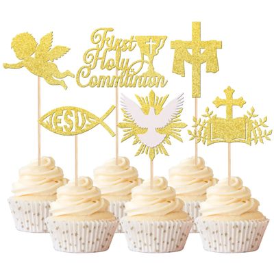 Xsstarmi 24 Pack First Holy Communion Cupcake Toppers Gold Glitter Dove Angel God Bless Cross Cupcake Picks for Baptism First Communion Theme Baby Shower Birthday Party Cake Decorations