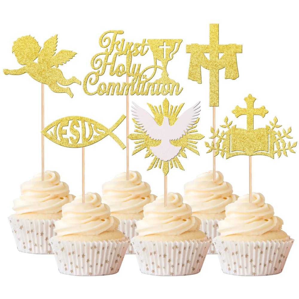 Xsstarmi 24 Pack First Holy Communion Cupcake Toppers Gold Glitter Dove Angel God Bless Cross Cupcake Picks for Baptism First Communion Theme Baby Shower Birthday Party Cake Decorations