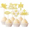 Xsstarmi 24 Pack First Holy Communion Cupcake Toppers Gold Glitter Dove Angel God Bless Cross Cupcake Picks for Baptism First Communion Theme Baby Shower Birthday Party Cake Decorations view 1