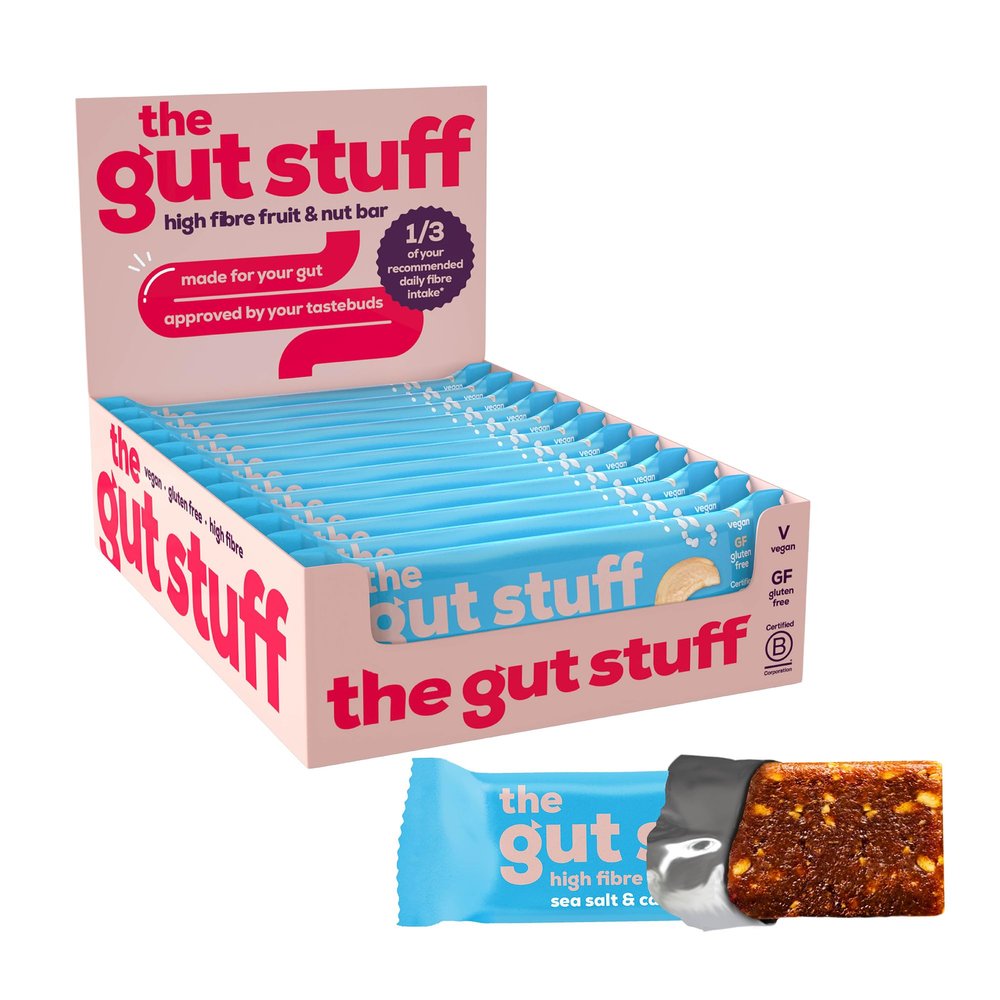 The Gut Stuff High Fibre Fruit & Nut Bars Gut Friendly Snack, Gluten Free, Vegan, Low Calorie - Sea Salt & Caramel, 12 x 35g Box