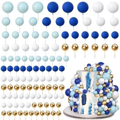 113 PCS 5 Size Colorful Balls Cake Topper Foam Ball Cake Decorations Ball Shaped Cake Insert Topper for Birthday Baby Shower Wedding Decoration Supplies (Gold Blue White Dark Blue)
