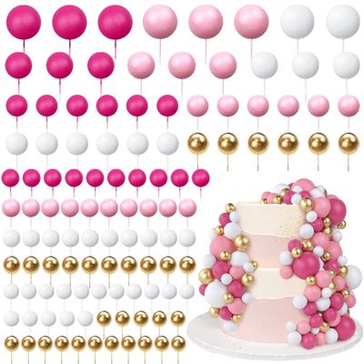 113 PCS 5 Size Colorful Balls Cake Topper Foam Ball Cake Decorations Ball Shaped Cake Insert Topper for Birthday Baby Shower Wedding Decoration Supplies (Gold Pink White Hot Pink)