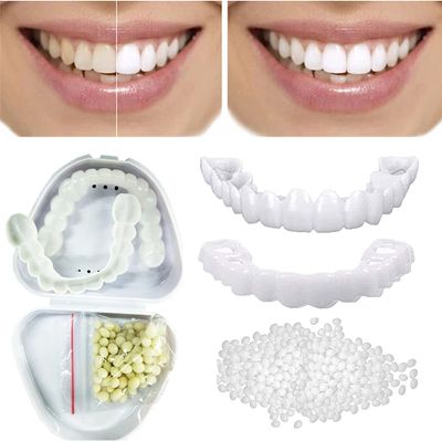 Giural 2 Pairs Instant Veneers Fake Teeth, Top and Bottom Dentures Snap on Veneers Silicone Tooth Dental Prostheses Smile Teeth Veneers Temporary Dentures Alternative Dentures for Men and Women