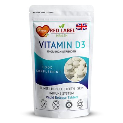 Red Label Health Vitamin D3 4000 IU, Pack of 60 Vitamin D Tablets (2 Months Supply), Healthy Teeth & Bones, Supports Immune System, High Strength Vitamin D Supplement for Men & Women, UK-Made