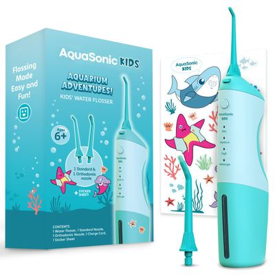 AquaSonic Kids' Water Flosser for Ages 6+ | Standard Nozzle, Orthodontic Nozzle & Waterproof Stickers | 4 Flossing Modes | Aquarium Adventures Theme