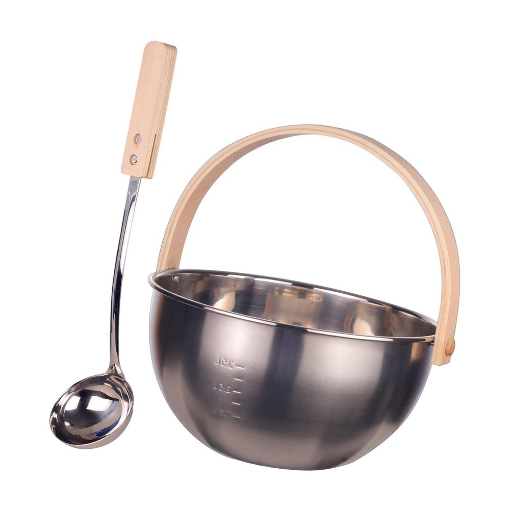 Ronyme Sauna Stainless Steel Bucket And Ladle Set Wood Handle Sauna Accessory