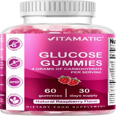 Vitamatic Glucose Chweble Gummies - 60 Count - Natural Raspberry Flavor - 4G of Carbohydrate per Serving