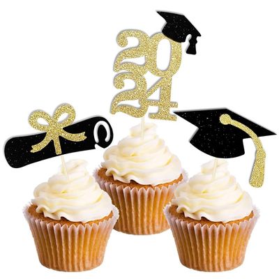 2023 Graduation Cupcake Toppers, 24 Pack Glitter Class of 2023 Grad Cap Diploma Cake Picks for 2023 Graduation Themed Party Decorations (Gold)