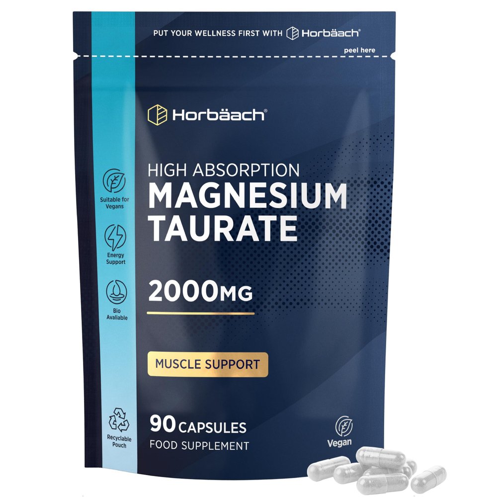 Magnesium Taurate Supplement 2000mg | High Strength Balanced Formula for Absorption & Bioavailability | 90 Vegan Capsules | for Men & Women | Horbaach