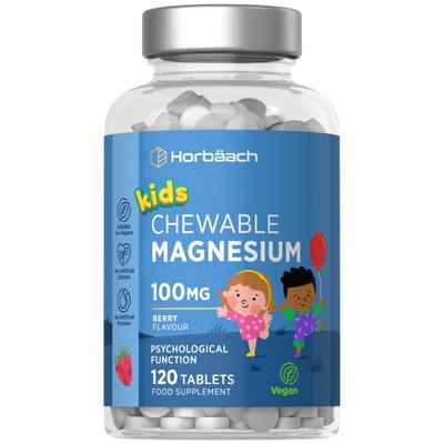 Kids Magnesium Chewable Tablets 100mg | Berry Flavour | 120 Count | Magnesium Citrate Tablets for Children Aged 4+ (Not Gummies) | Vegan | by Horbaach