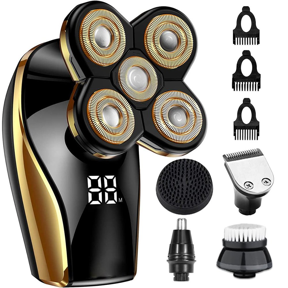 Bald Razor Men's Electric Head Shaver Men's Electric Bald Razor 5 in 1 Hair Trimmer Wet and Dry Shaver LED Display Beard Nose Hair Trimmer Face Brush Care Kit,Orange