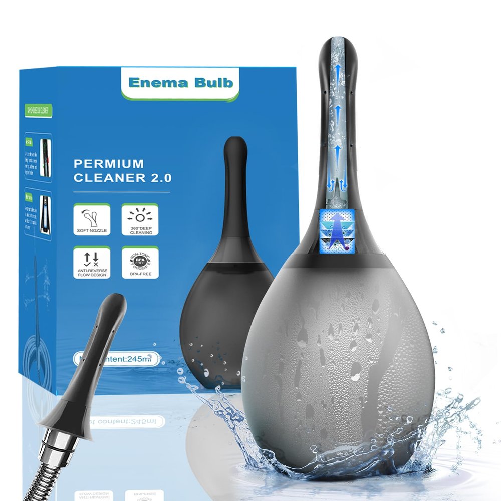Enema Bulb Anal Douche Kit - with Shower Connect, 245ml Silicone Enema for Personal Hygiene & Refreshing Rinse, Anti-Backflow Valve & 7-Hole Nozzle, Filter Attachment Included (Black)