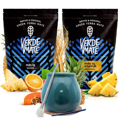 Yerba mate set with accessories - stimulating | Two-pack of yerba mate | Verde Mate Green | Guarana, ginseng, ginkgo biloba | Brazilian green yerba mate tea | Mild | Natural caffeine | 2x500g | 1kg