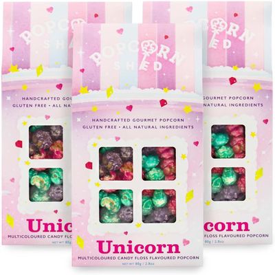 Popcorn Shed Unicorn Gourmet Popcorn (3 x 80g) - Multicoloured Candy Floss Flavoured Caramel, Easy & Low Calorie Snack, Perfect for Parties, Movie Nights & Gifting