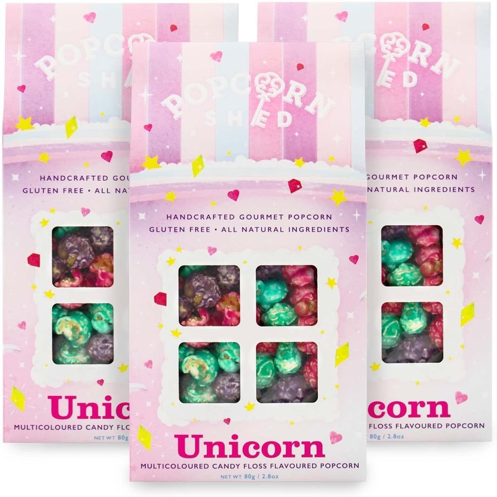 Popcorn Shed Unicorn Gourmet Popcorn (3 x 80g) - Multicoloured Candy Floss Flavoured Caramel, Easy & Low Calorie Snack, Perfect for Parties, Movie Nights & Gifting