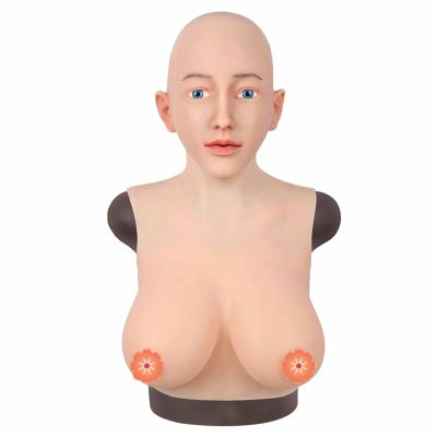 CRODRES Crossdresser Mask Silicone Female Head Masks Face Female Disguise Mask With Breast Forms for Halloween Cosplay,Nude,No Makeup