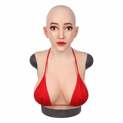 CRODRES Crossdresser Mask Silicone Female Head Masks Face Female Disguise Mask With Breast Forms for Halloween Cosplay,Brown,Makeup