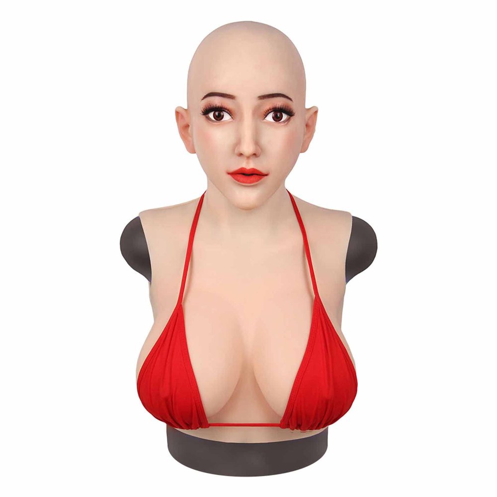 CRODRES Crossdresser Mask Silicone Female Head Masks Face Female Disguise Mask With Breast Forms for Halloween Cosplay,Brown,Makeup