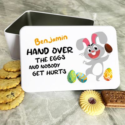 Fingerprint Designs Funny Angry Easter Bunny Personalised Gift Cake Biscuits Sweets Treat Tin