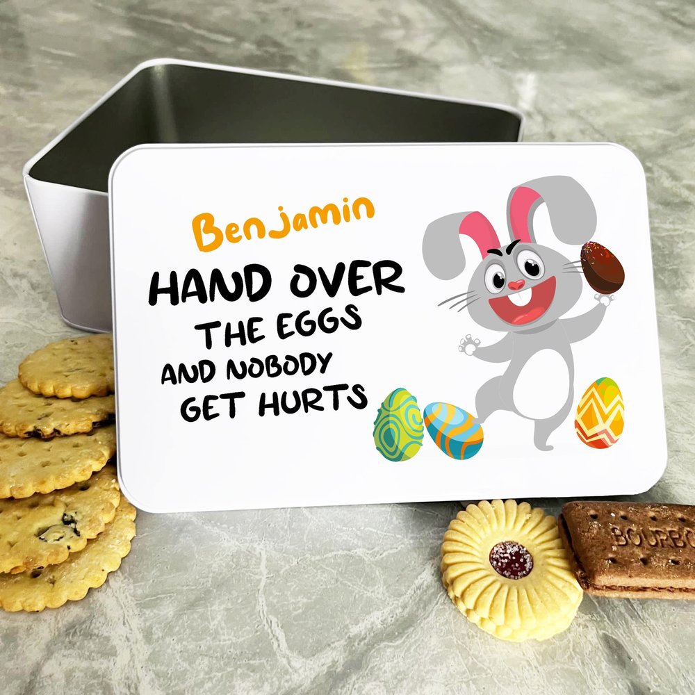 Fingerprint Designs Funny Angry Easter Bunny Personalised Gift Cake Biscuits Sweets Treat Tin
